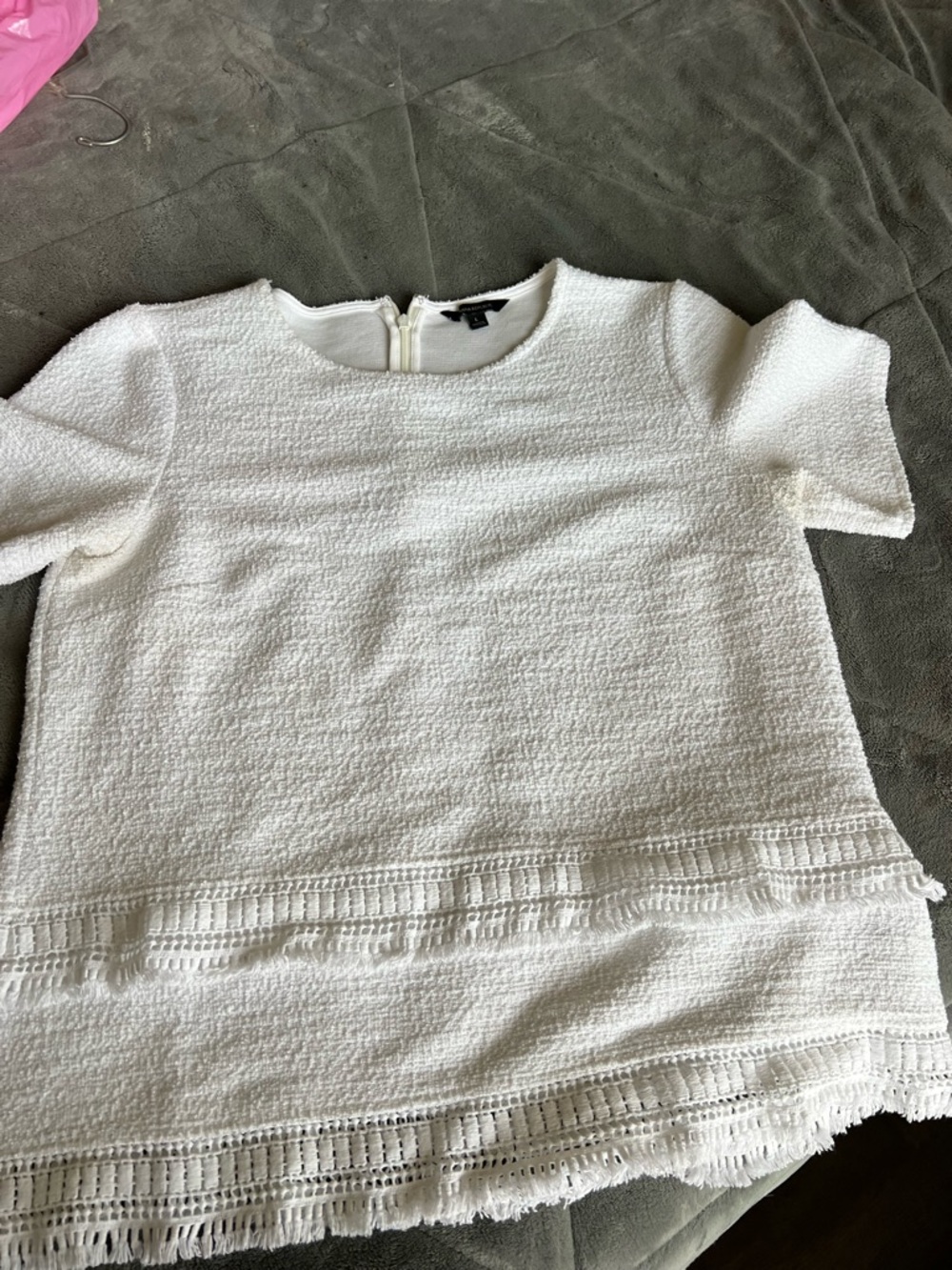 Banana Republic White Textured Short Sleeve Top with Fringe Trim